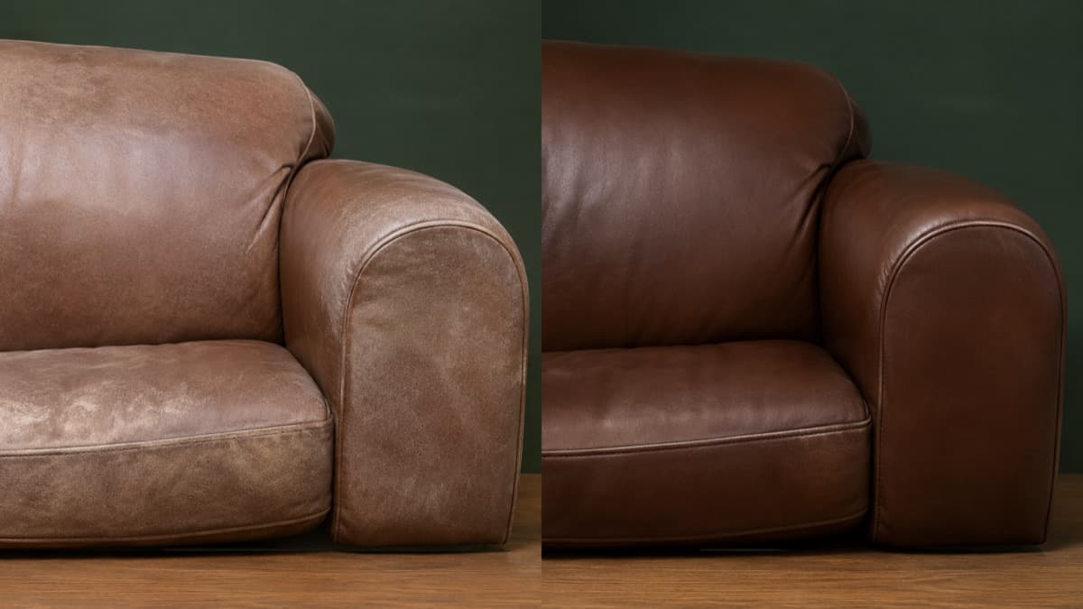 The same item photographed twice under identical light and from an identical angle, untreated on the left and treated on the right.