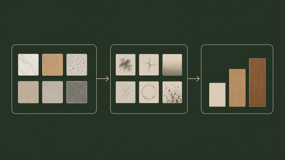 Diagram of a three-panel selection flow: leather types, then surface problems, then three bars of increasing height for severity.