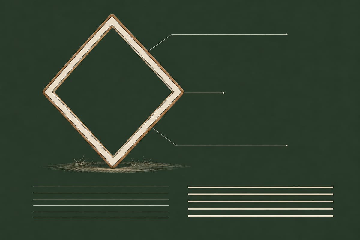 Generic diagram of an empty diamond-shaped hazard frame standing on one corner, with leader lines pointing to blank annotation space and two blank text blocks of differing weight below.