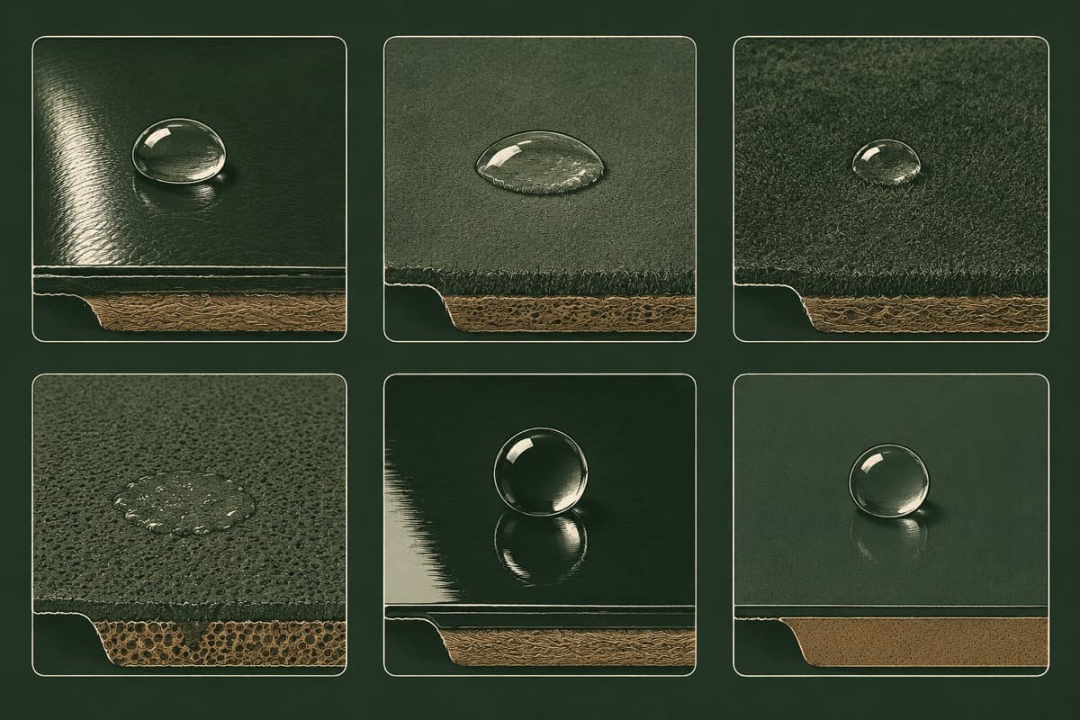 Six magnified leather swatches in a grid, each with a water droplet behaving differently — beading on the sealed surfaces, half absorbed on the napped ones, fully absorbed on the open-pored one — and a small cutaway edge drawn beneath each swatch.