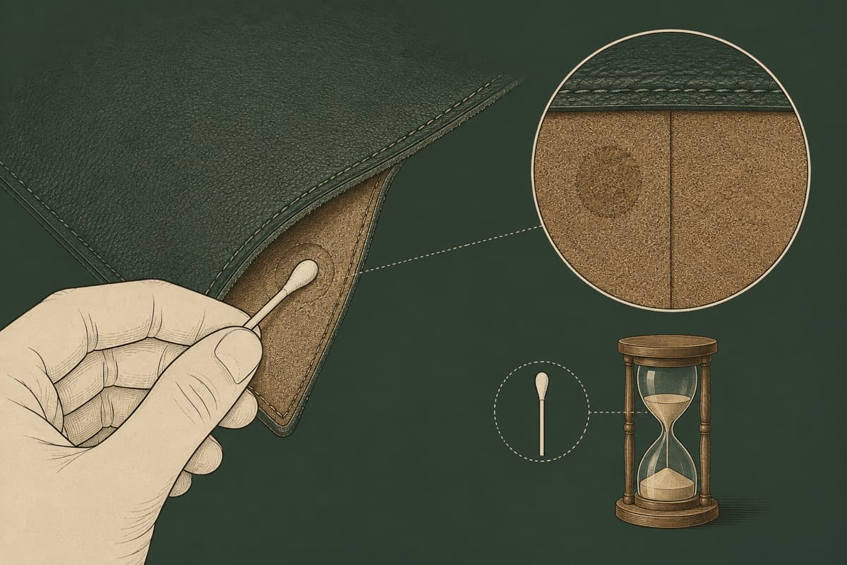 A hand dabbing a cotton swab on a hidden seam area of a leather panel, with a magnified inset comparing the tested spot against the untreated surface.