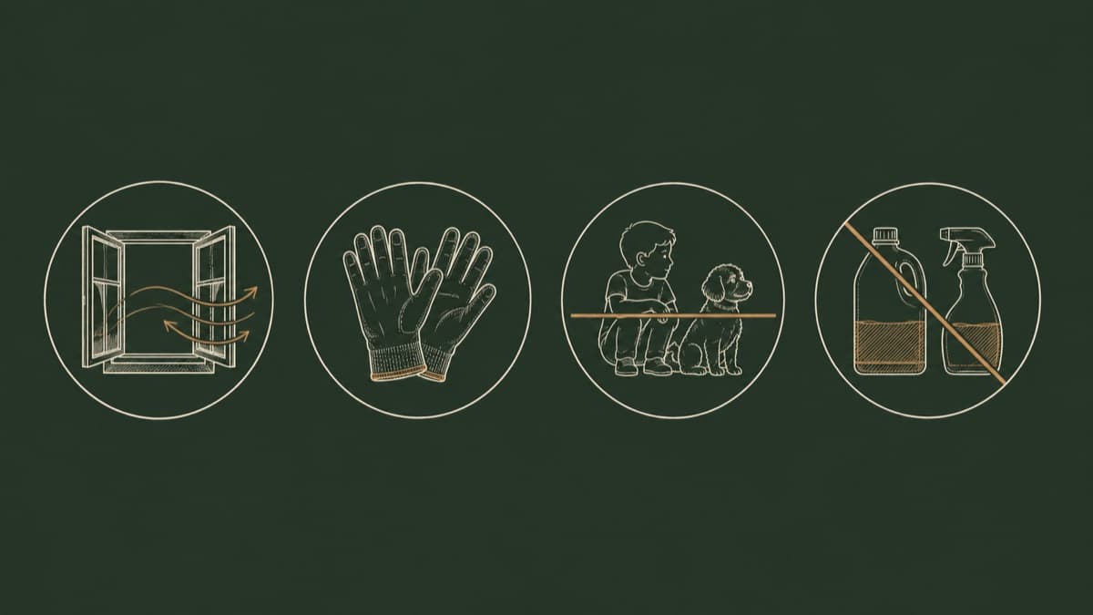 Four line pictograms in a row: an open window with airflow arrows, a pair of protective gloves, a child and a dog behind a boundary line, and two bottles separated by a diagonal bar meaning do not combine.