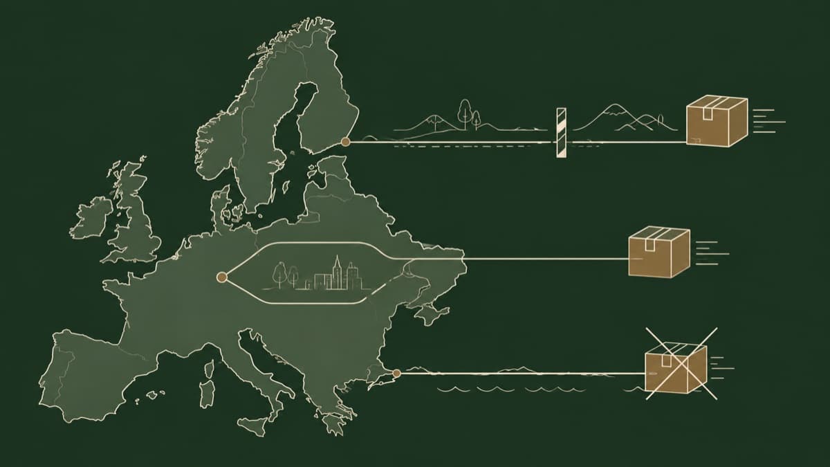 Diagram of Europe with three parcel routes: one continuous ground route crossing borders, one confined within the continent, and one crossed out at the continental edge.