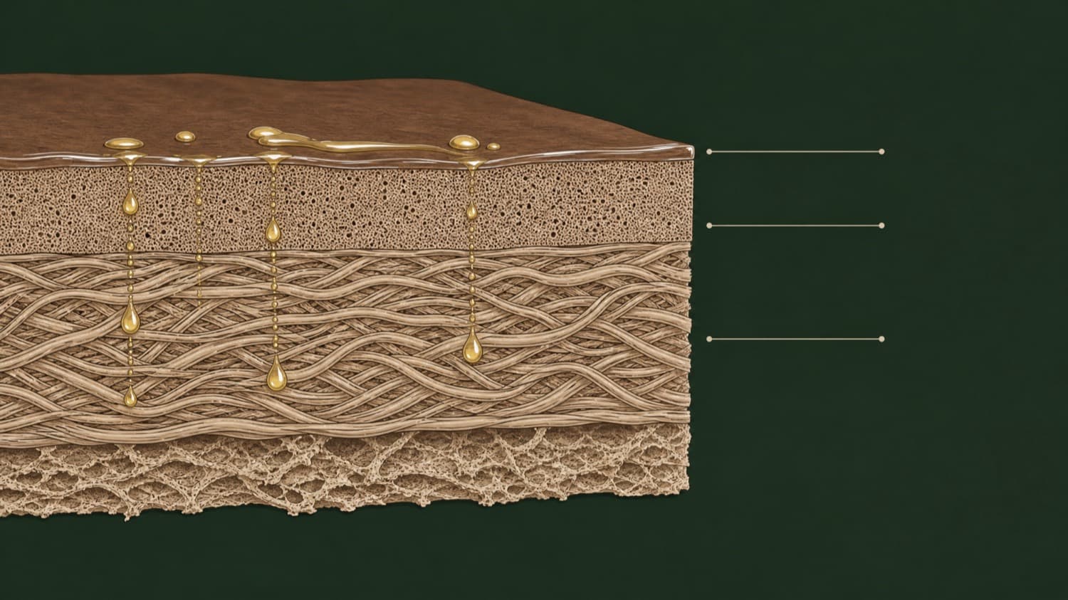Cross-section through a piece of leather, sliced to show four layers: the thin surface finish on top, a dense grain layer beneath it, a thick layer of interwoven fibres, and a loose split at the base. Droplets of care oil are shown seeping down from the surface into the fibre layer.