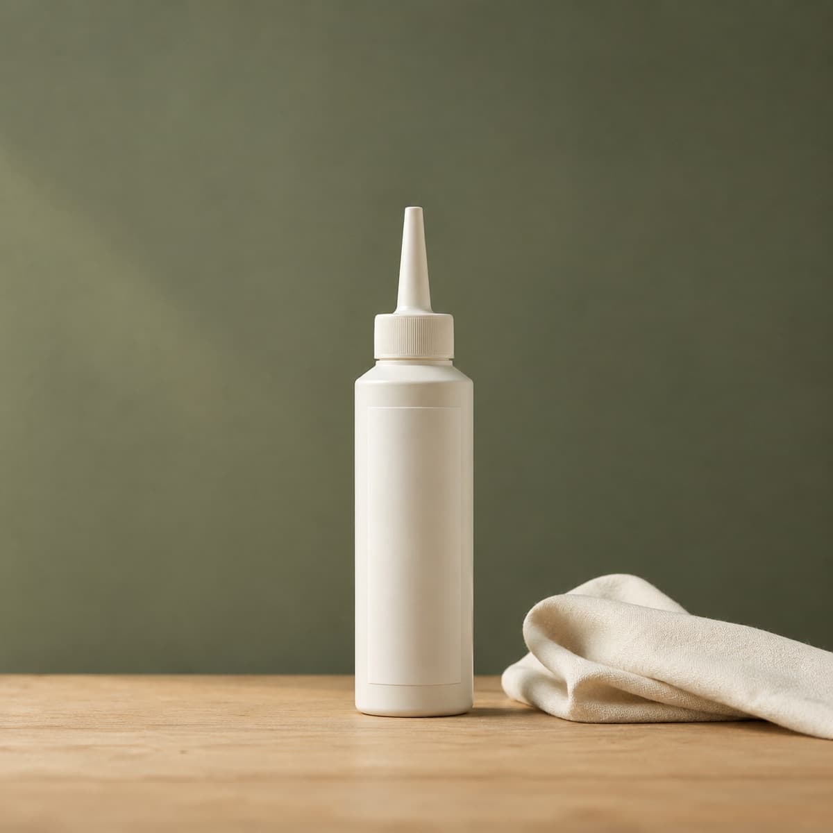 Aniline Leather Milk 200 ml — wax-white packaging on an oak surface against a moss-green background