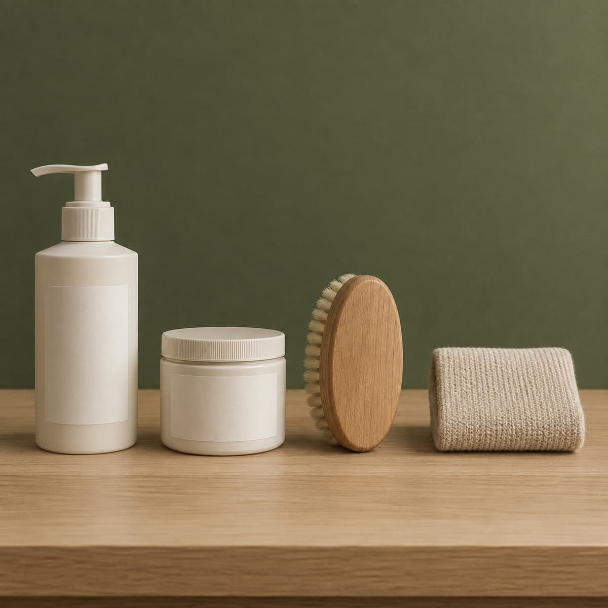 Basic Care Kur — wax-white packaging on an oak surface against a moss-green background
