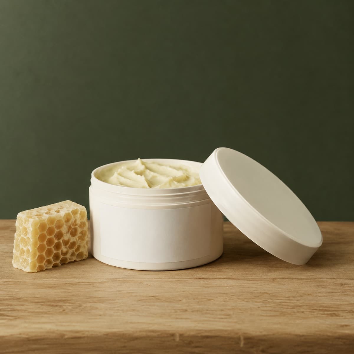 Beeswax Leather Cream 150 ml — wax-white packaging on an oak surface against a moss-green background