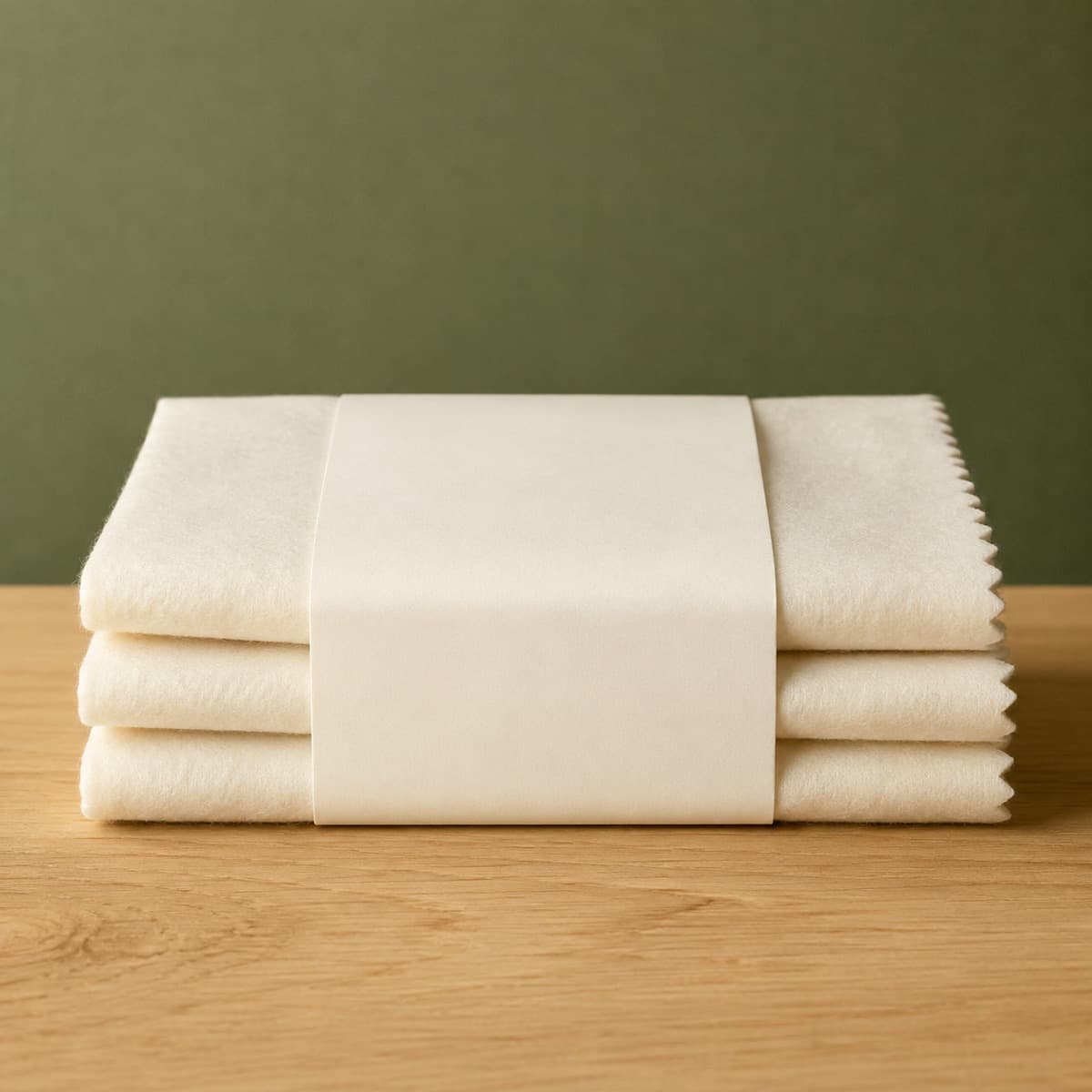 Buffing Cloth Set of 3 — wax-white packaging on an oak surface against a moss-green background