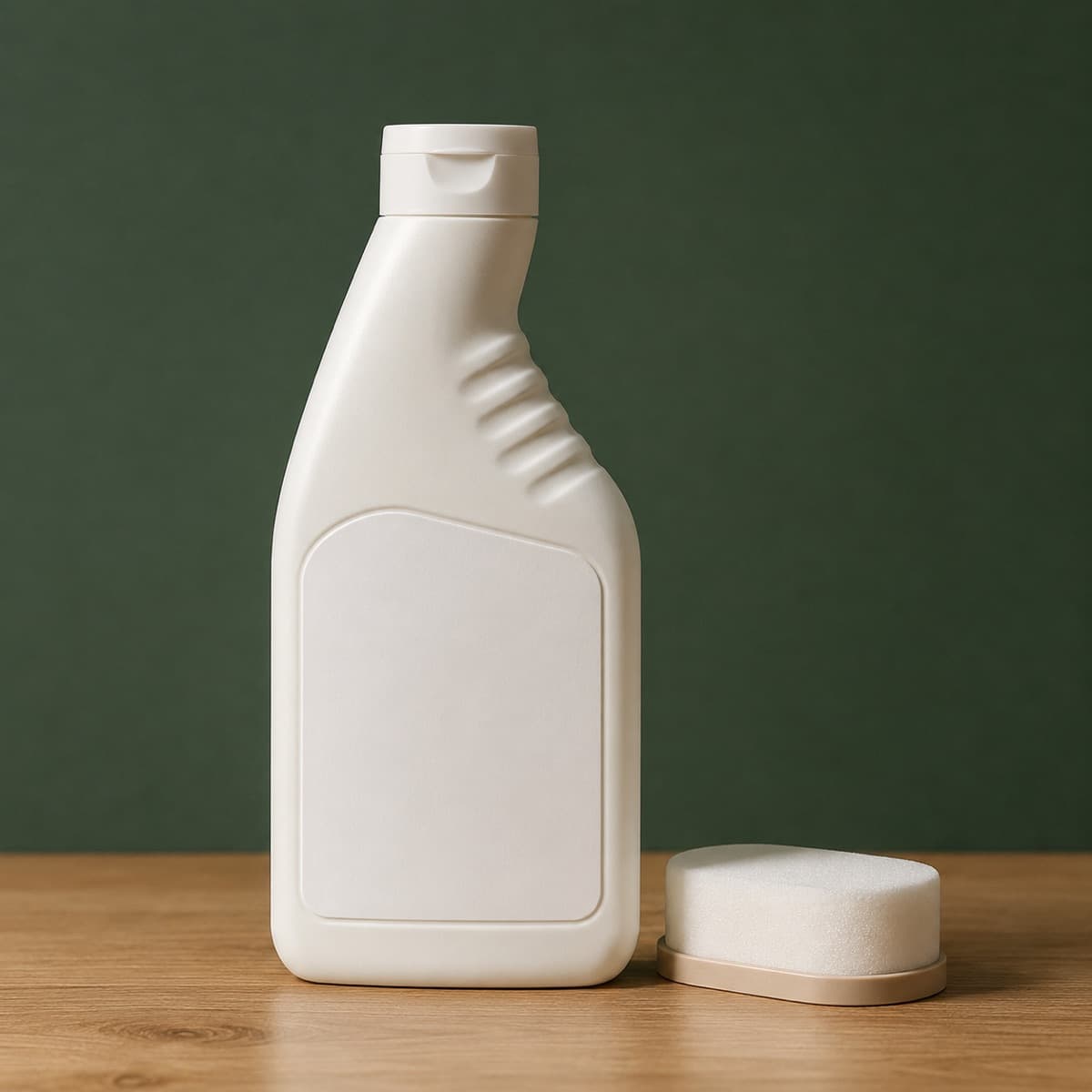 Car Seat Leather Care 500 ml — wax-white packaging on an oak surface against a moss-green background