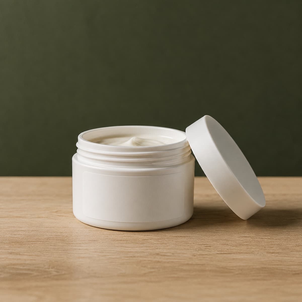 Classic Leather Balm 200 ml — wax-white packaging on an oak surface against a moss-green background