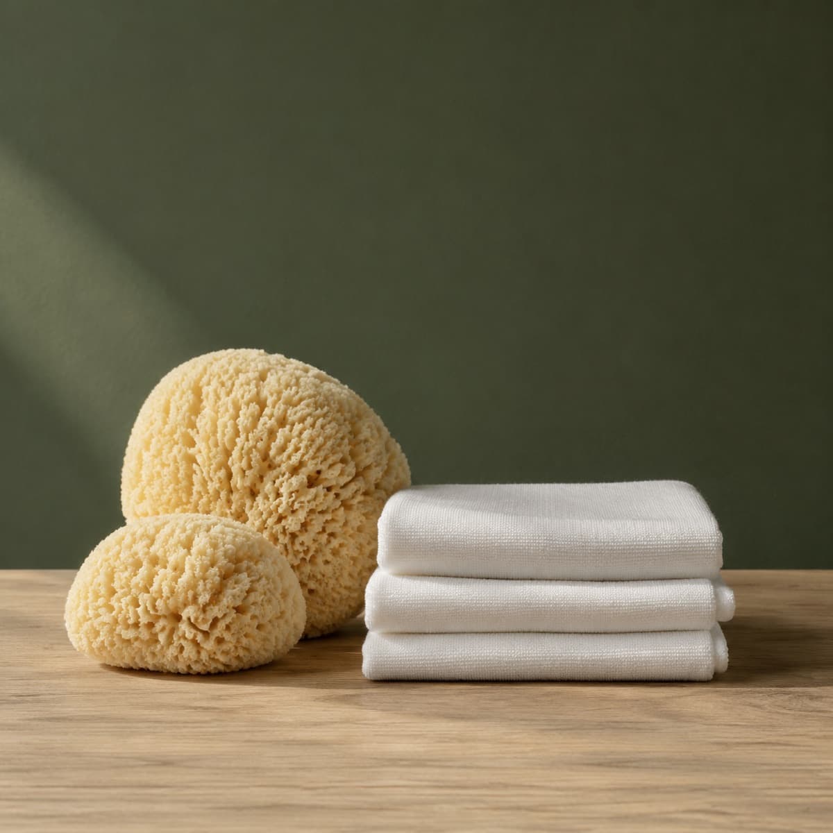 Cleaning Sponge & Cloth Kit — wax-white packaging on an oak surface against a moss-green background