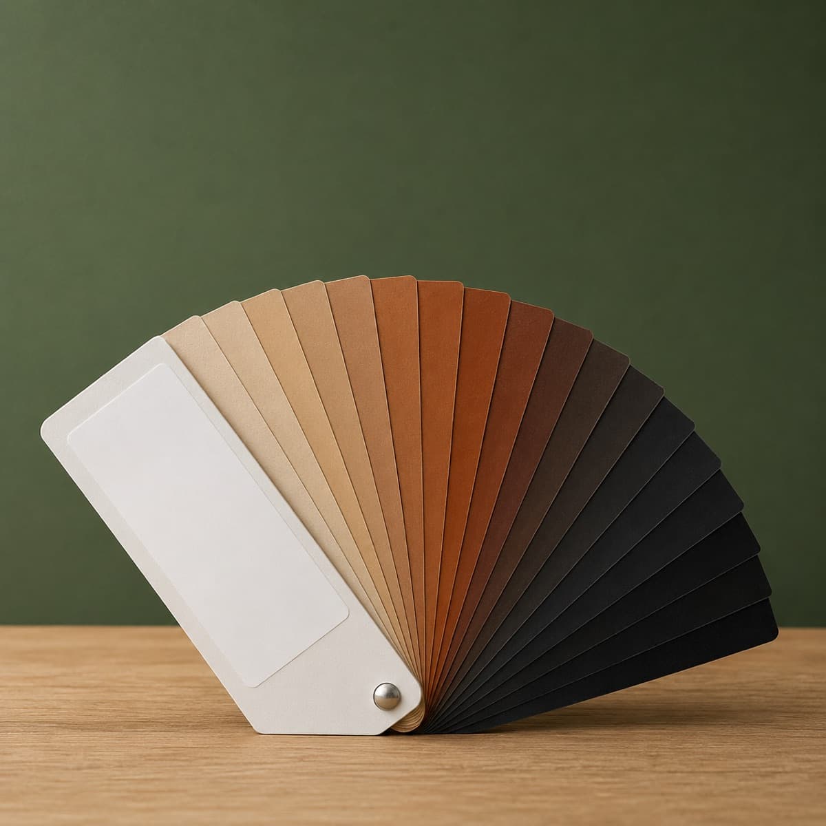 Colour Match Swatch Fan — wax-white packaging on an oak surface against a moss-green background