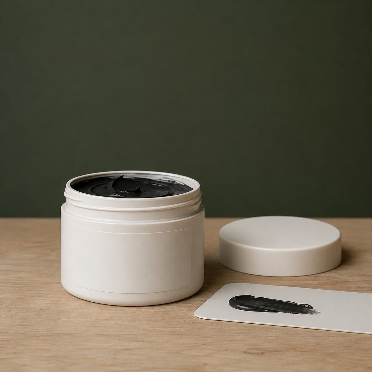 Colour Restorer Cream — Black 100 ml — wax-white packaging on an oak surface against a moss-green background