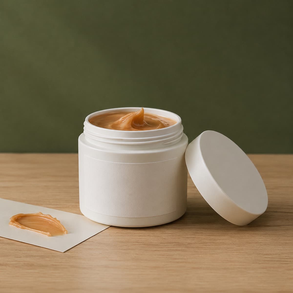 Colour Restorer Cream — Cognac 100 ml — wax-white packaging on an oak surface against a moss-green background