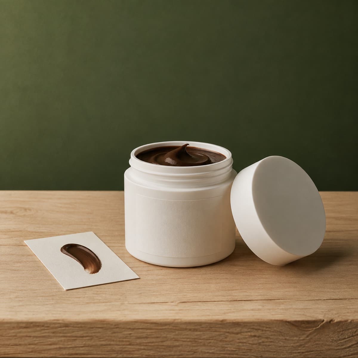 Colour Restorer Cream — Dark Brown 100 ml — wax-white packaging on an oak surface against a moss-green background