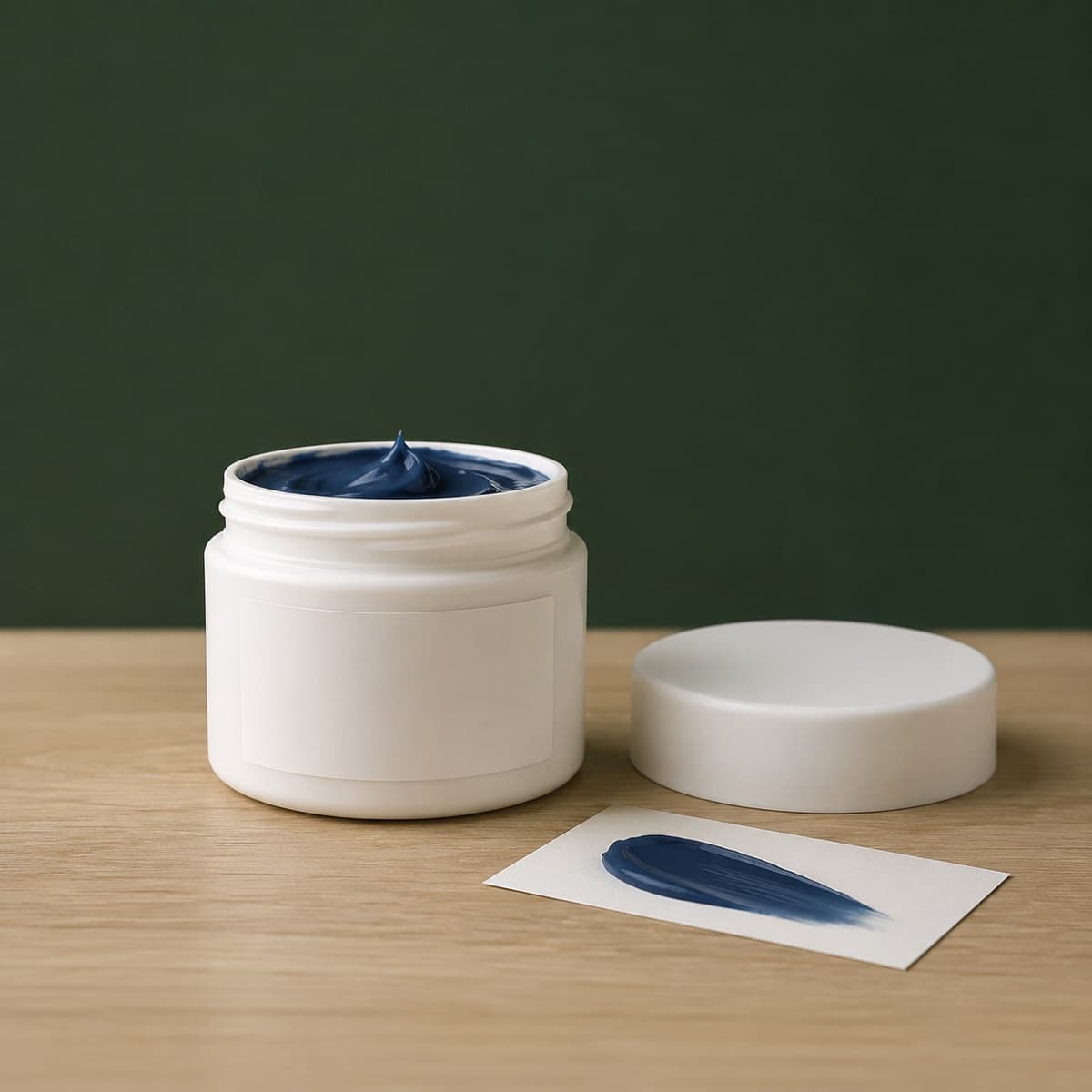 Colour Restorer Cream — Navy 100 ml — wax-white packaging on an oak surface against a moss-green background