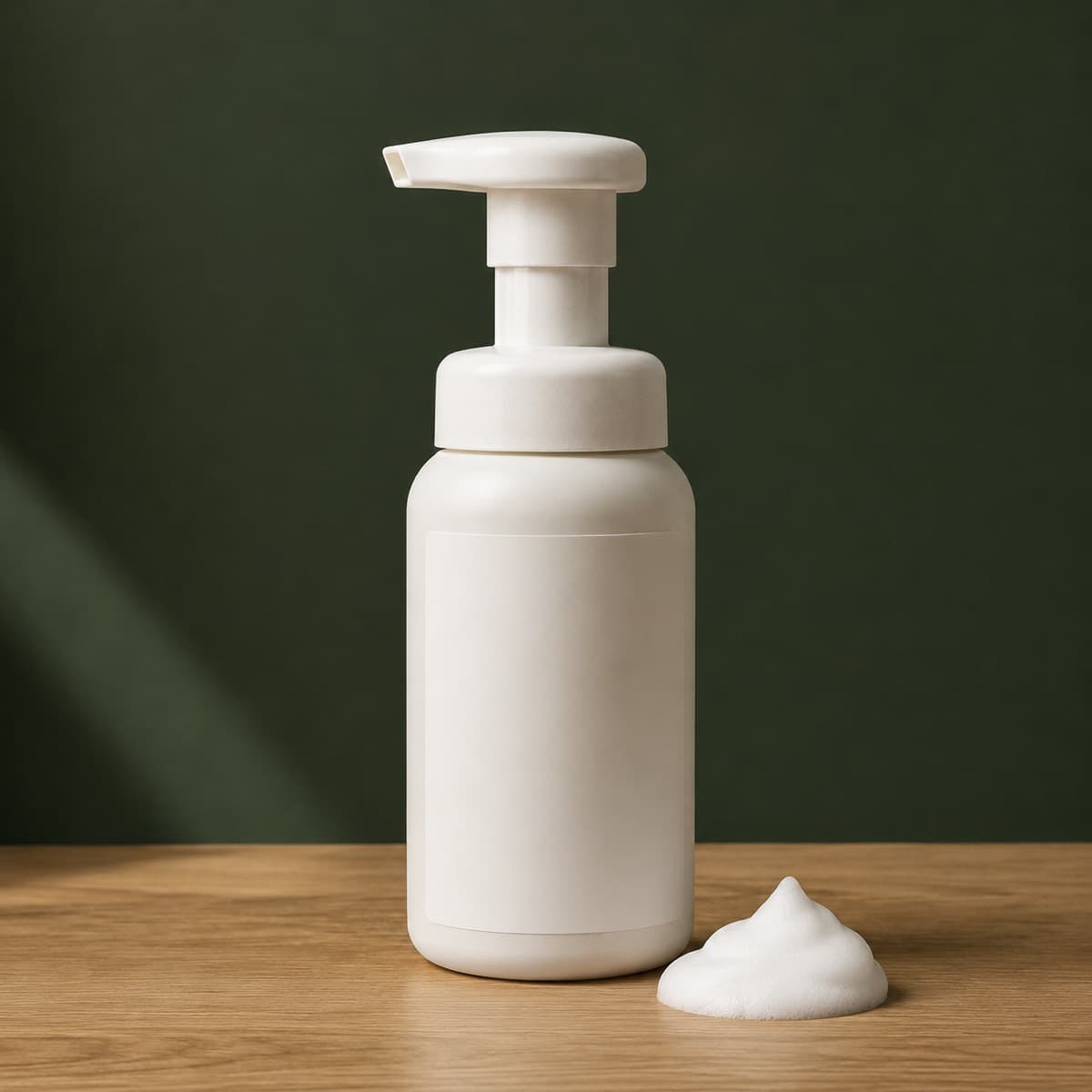 Deep Clean Foam 200 ml — wax-white packaging on an oak surface against a moss-green background