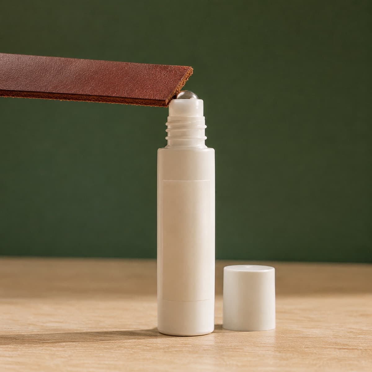 Edge Paint Touch-Up 30 ml — wax-white packaging on an oak surface against a moss-green background