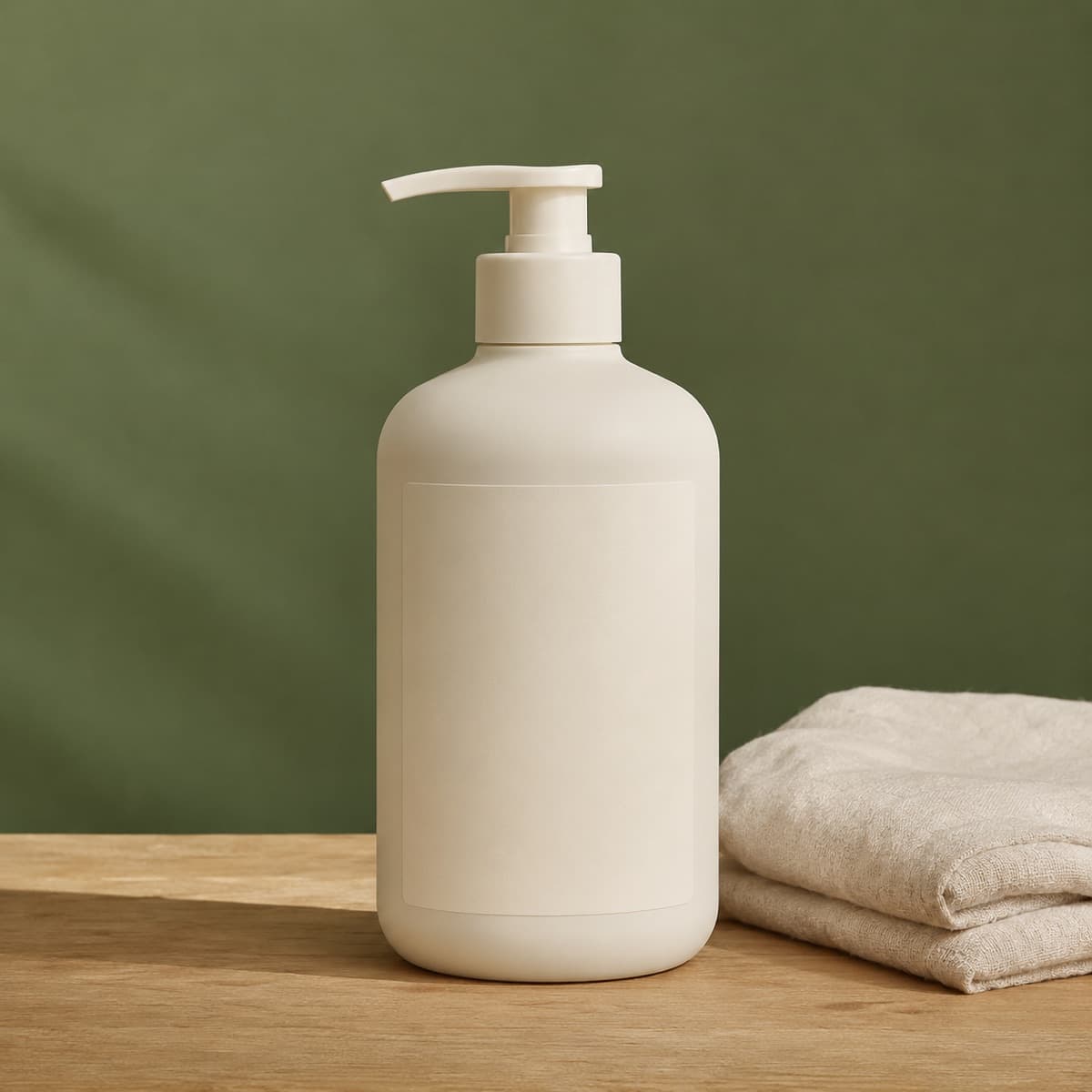 Furniture Leather Care 500 ml — wax-white packaging on an oak surface against a moss-green background