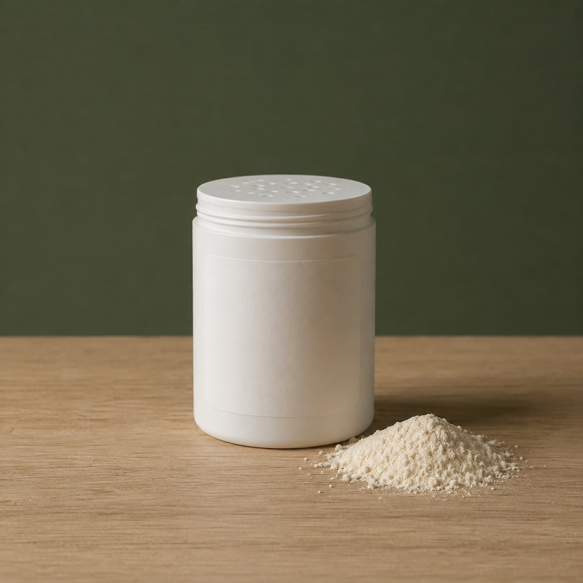 Grease & Oil Spot Powder 100 g — wax-white packaging on an oak surface against a moss-green background