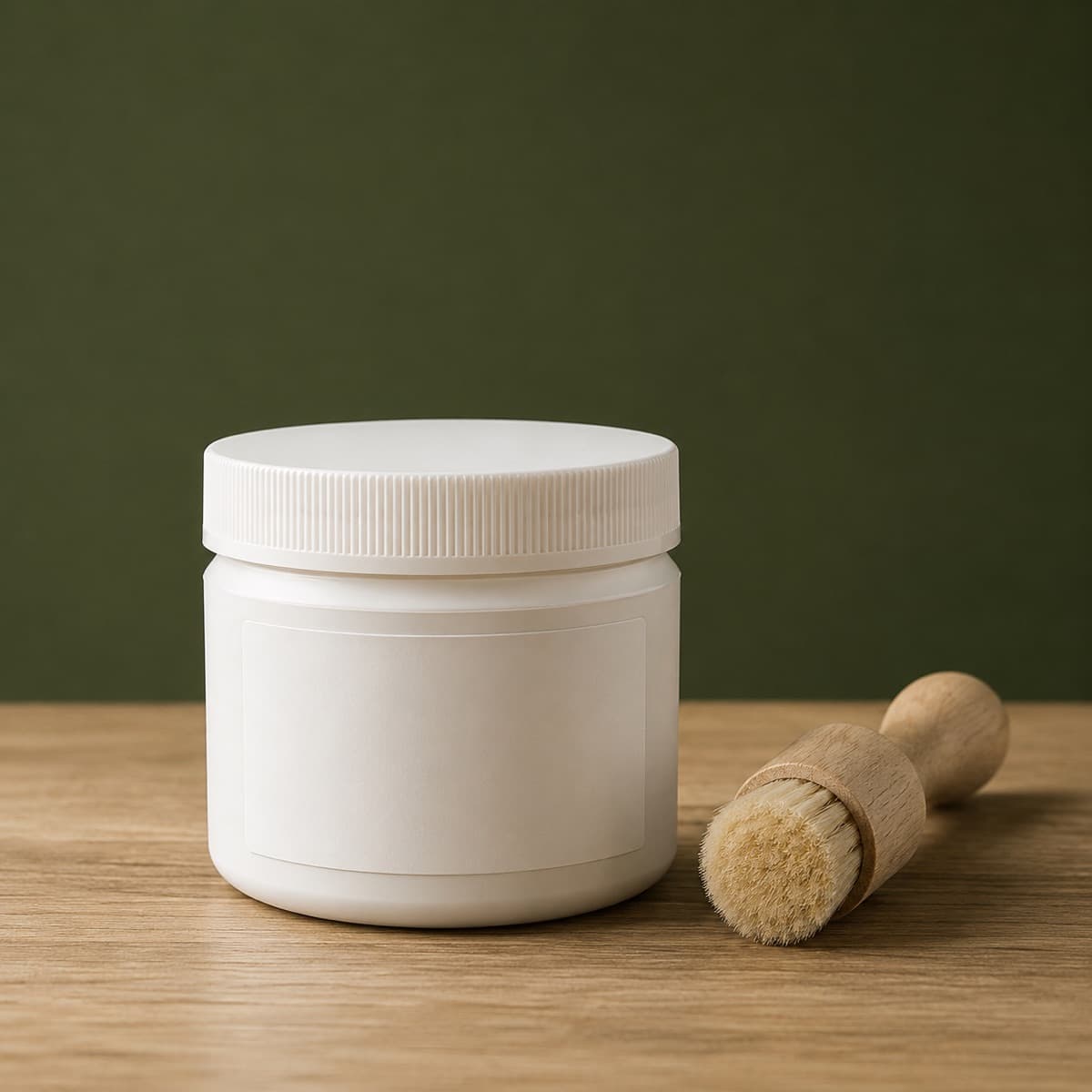 Heavy Grease for Work Leather 200 ml — wax-white packaging on an oak surface against a moss-green background