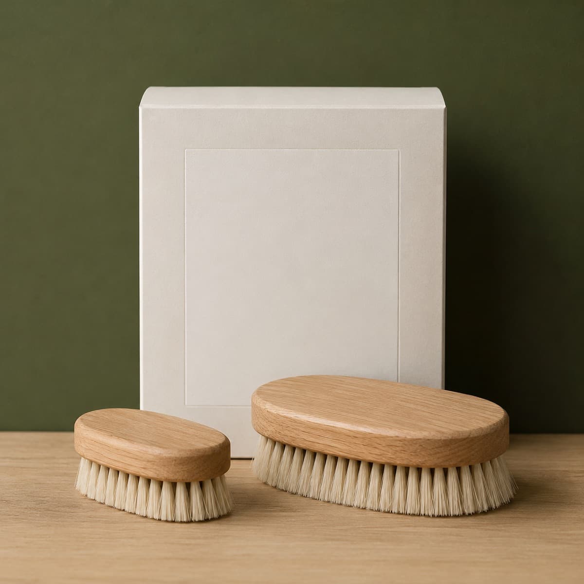 Horsehair Brush Pair (S+M) — wax-white packaging on an oak surface against a moss-green background