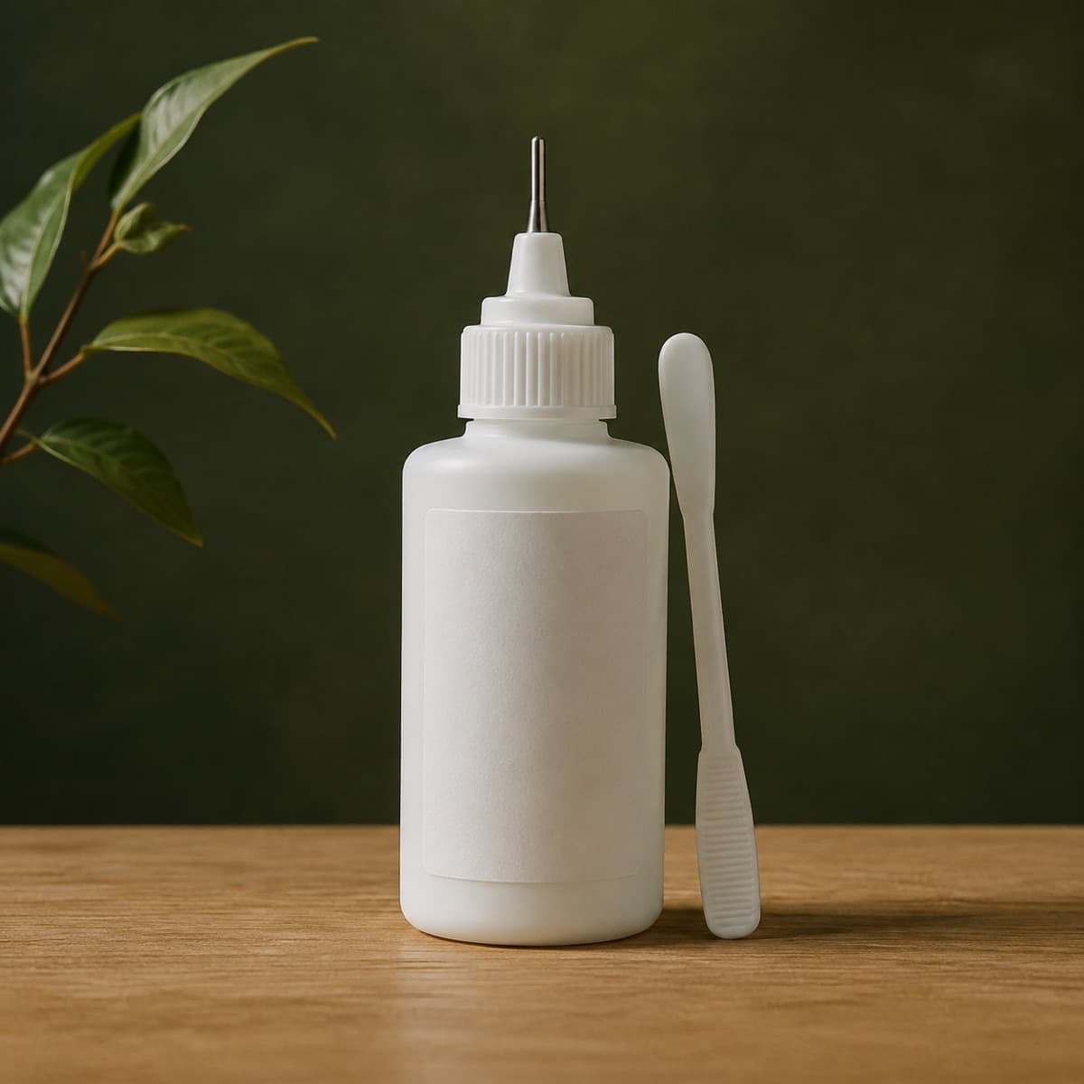 Liquid Leather Filler 50 ml — wax-white packaging on an oak surface against a moss-green background