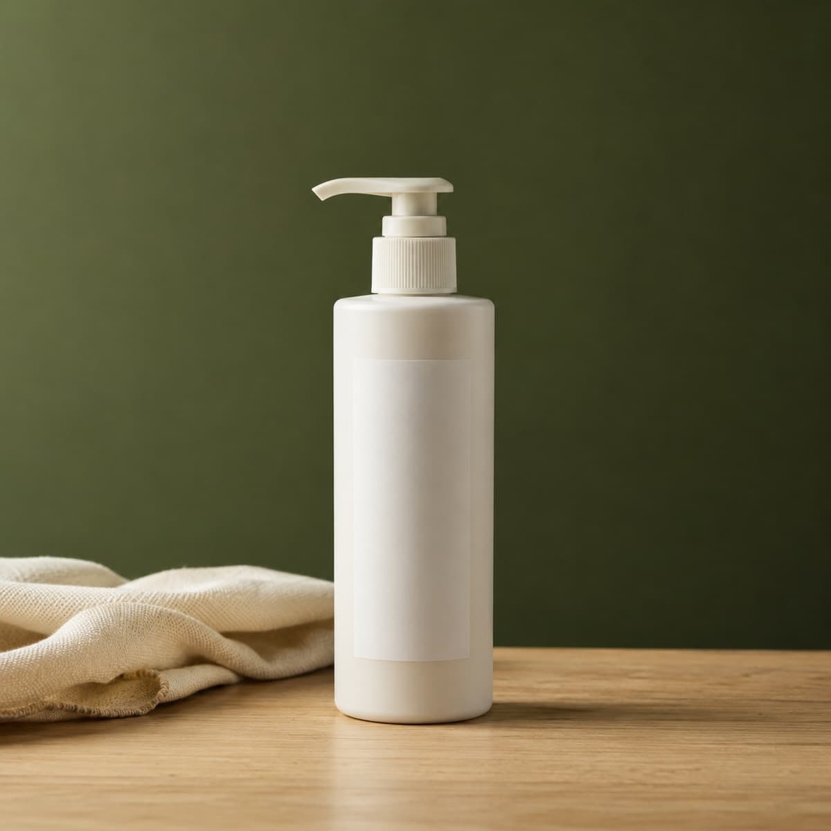 Mild Leather Cleaner 250 ml — wax-white packaging on an oak surface against a moss-green background