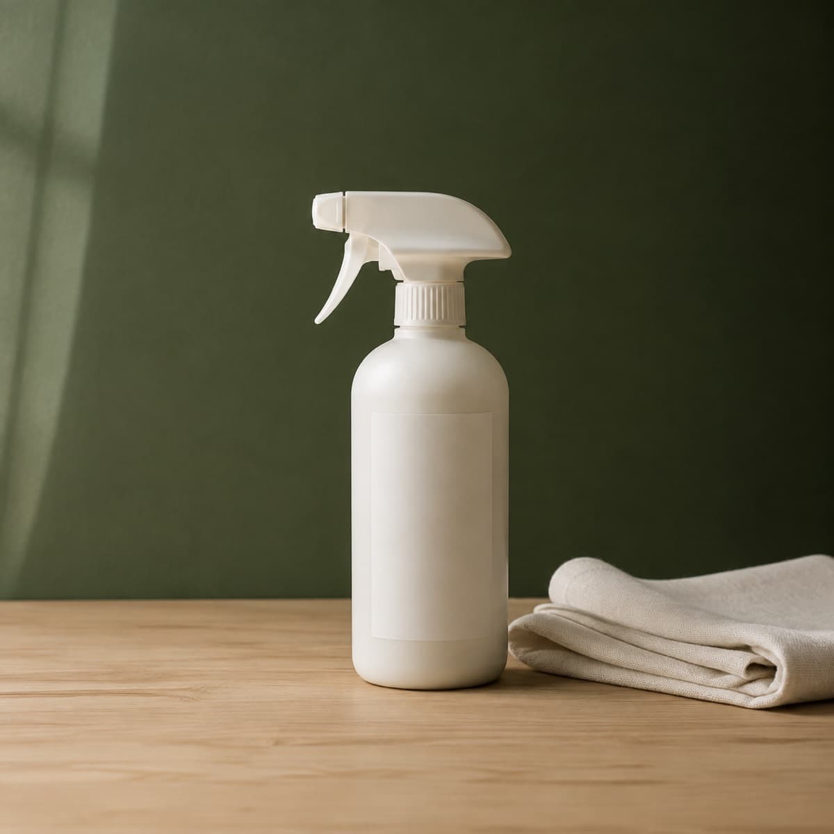 Mould Mark Remover 200 ml — wax-white packaging on an oak surface against a moss-green background