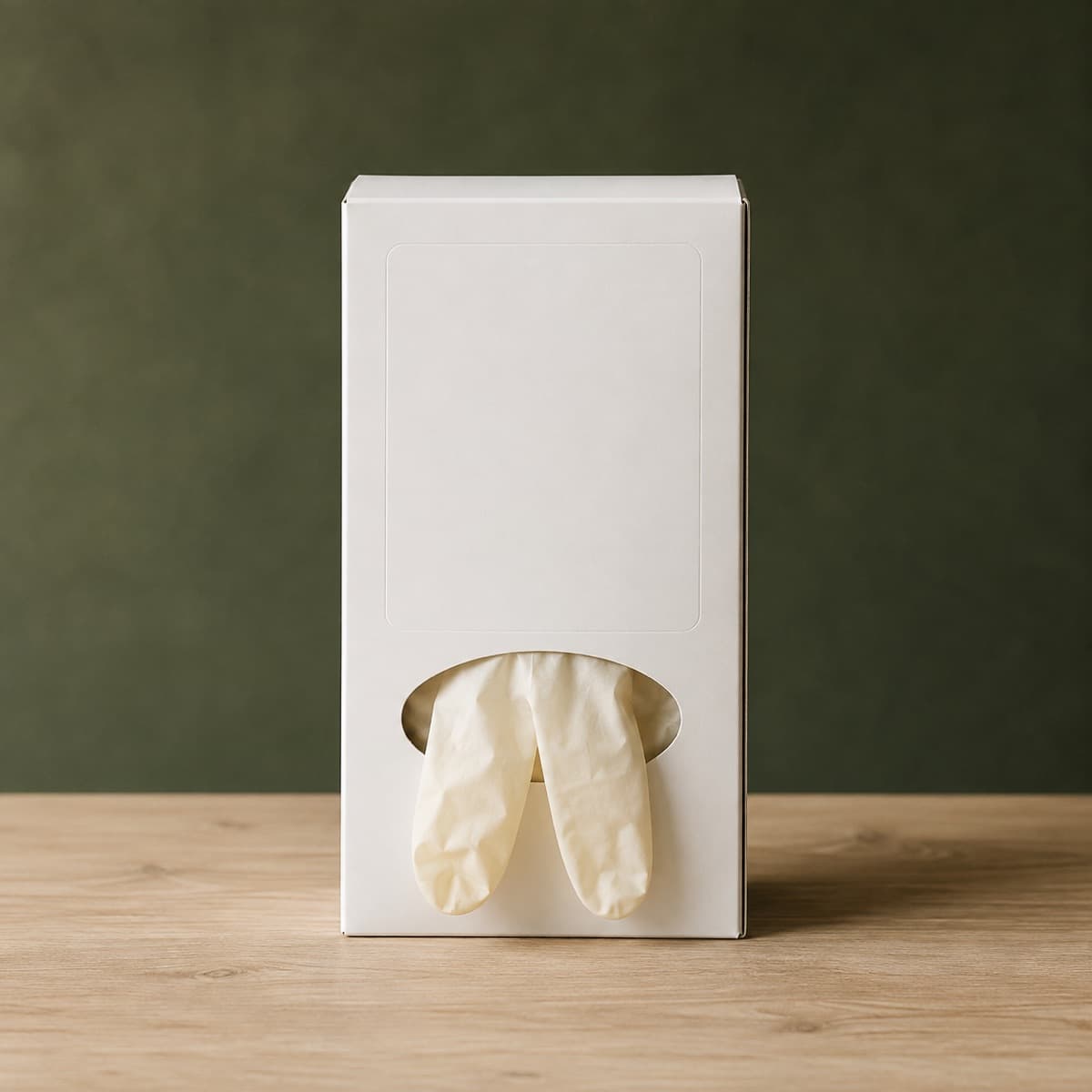 Nitrile Gloves Box of 20 — wax-white packaging on an oak surface against a moss-green background