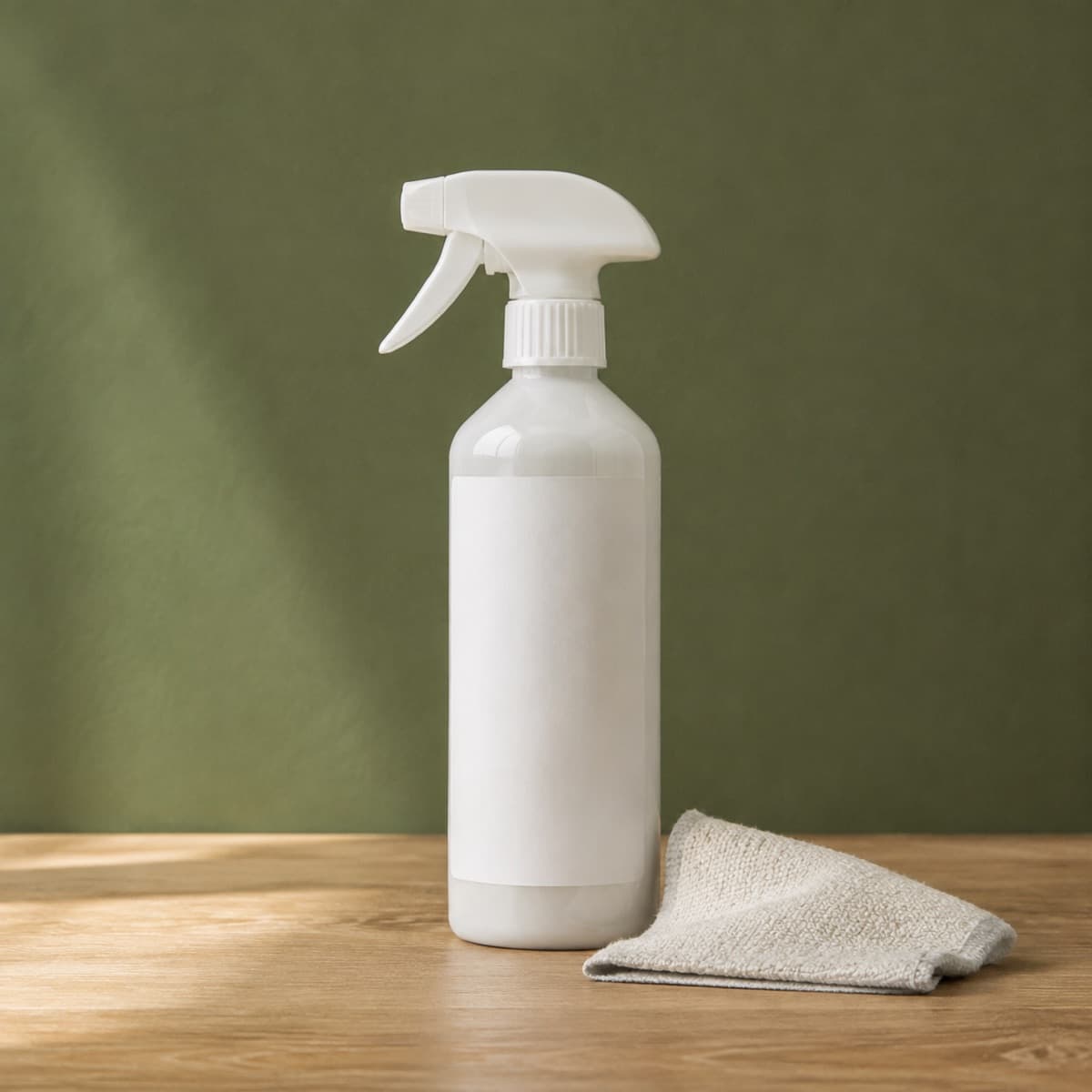 Nubuck Protector Spray 250 ml — wax-white packaging on an oak surface against a moss-green background