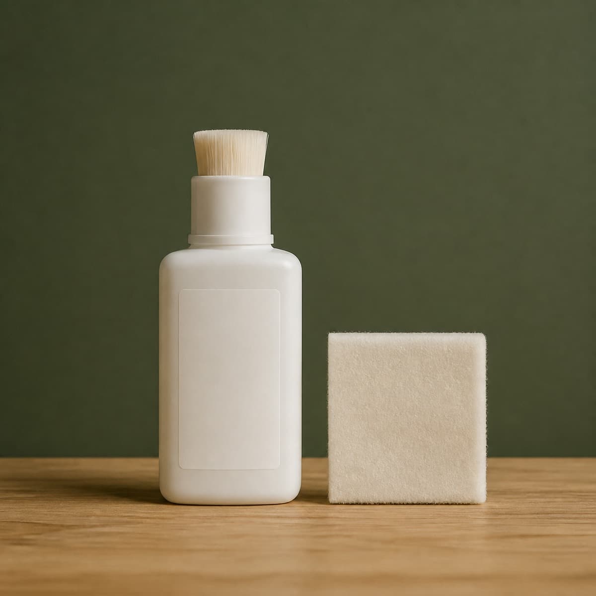 Nubuck & Suede Cleaner 200 ml — wax-white packaging on an oak surface against a moss-green background