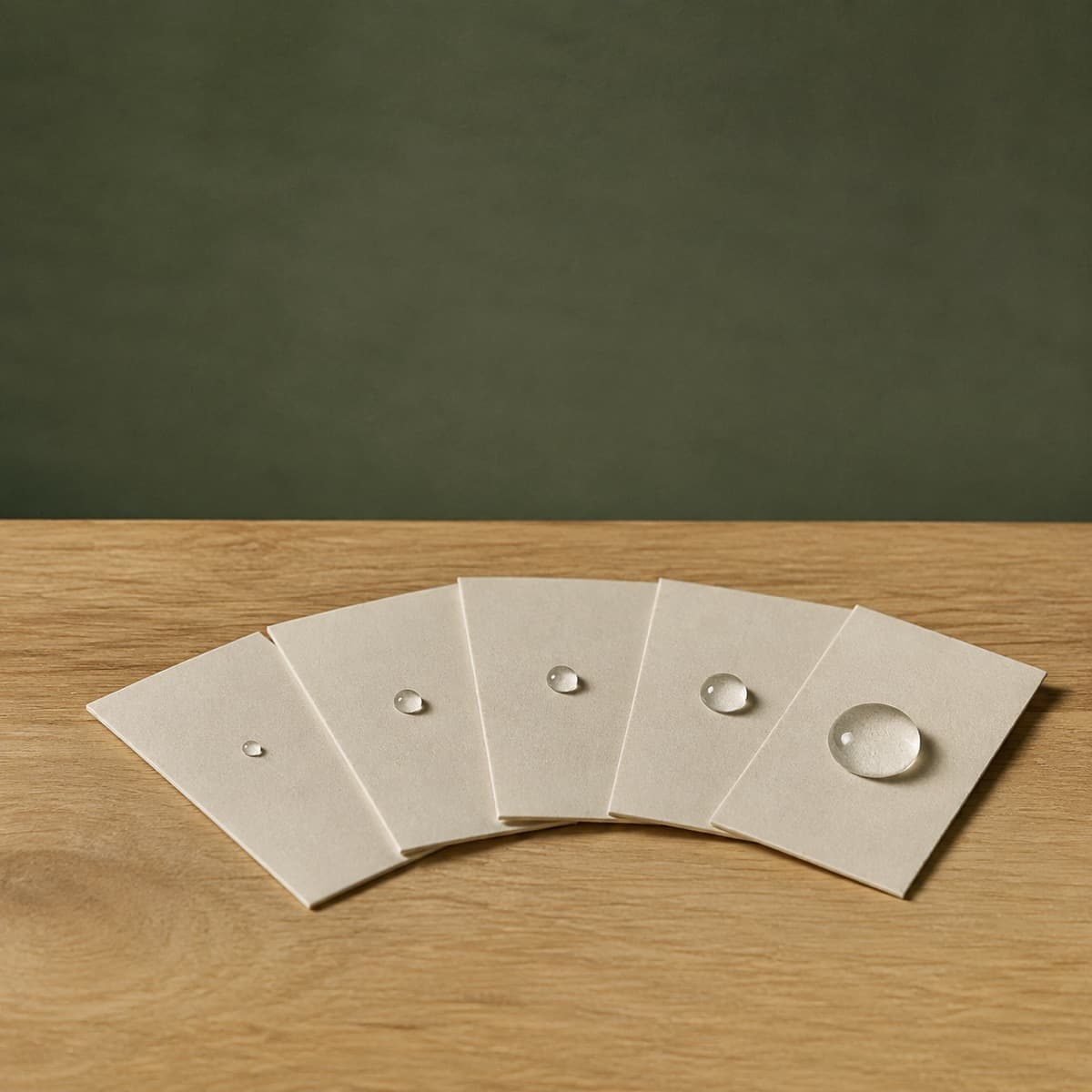 Protector Test Card Set — wax-white packaging on an oak surface against a moss-green background