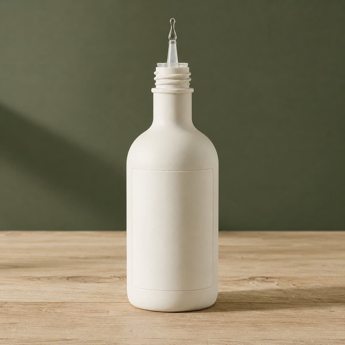 Restoring Oil for Dry Leather 150 ml — wax-white packaging on an oak surface against a moss-green background