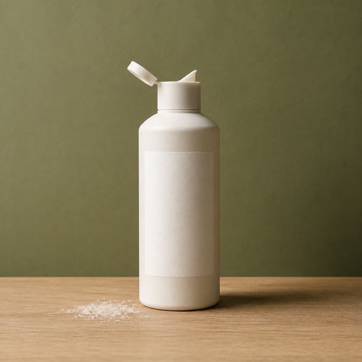 Salt Stain Remover 200 ml — wax-white packaging on an oak surface against a moss-green background