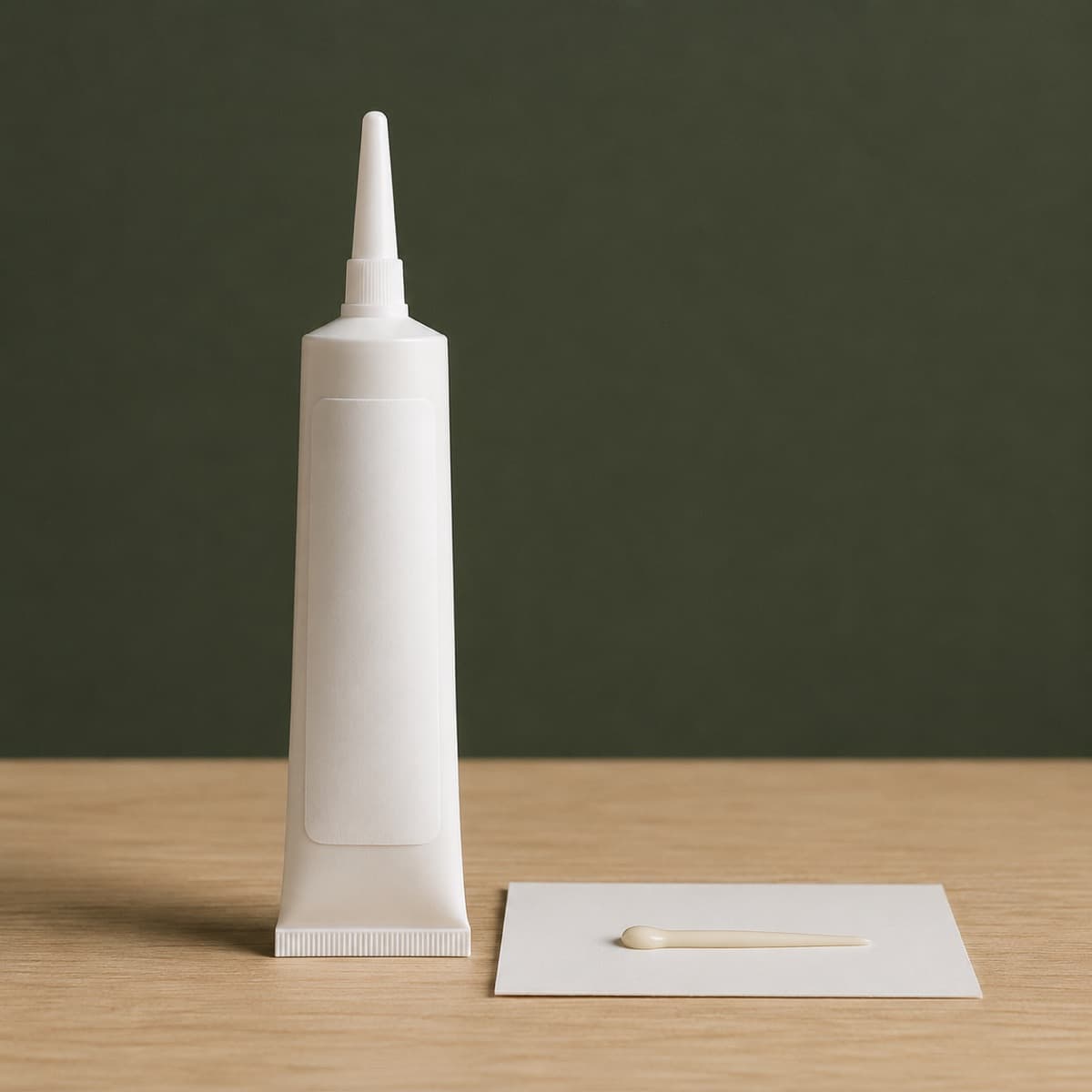 Scuff & Scratch Filler 50 ml — wax-white packaging on an oak surface against a moss-green background