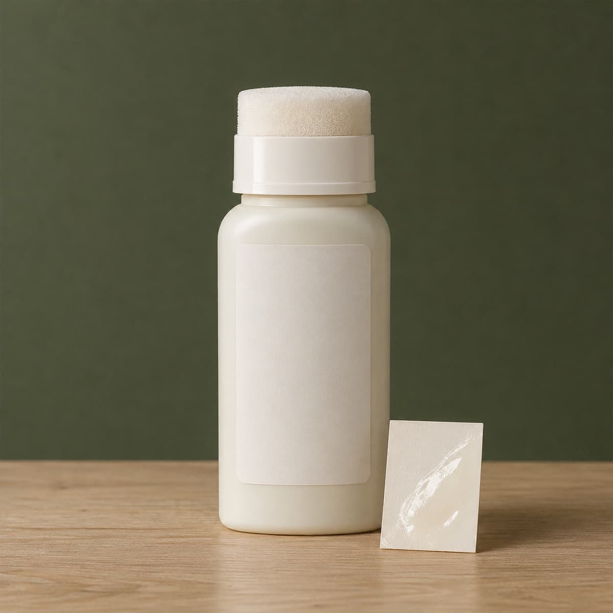 Stain Barrier Liquid 200 ml — wax-white packaging on an oak surface against a moss-green background