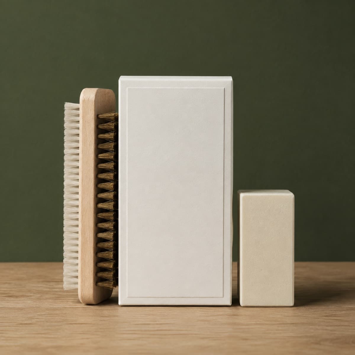 Suede Brush & Eraser Duo — wax-white packaging on an oak surface against a moss-green background
