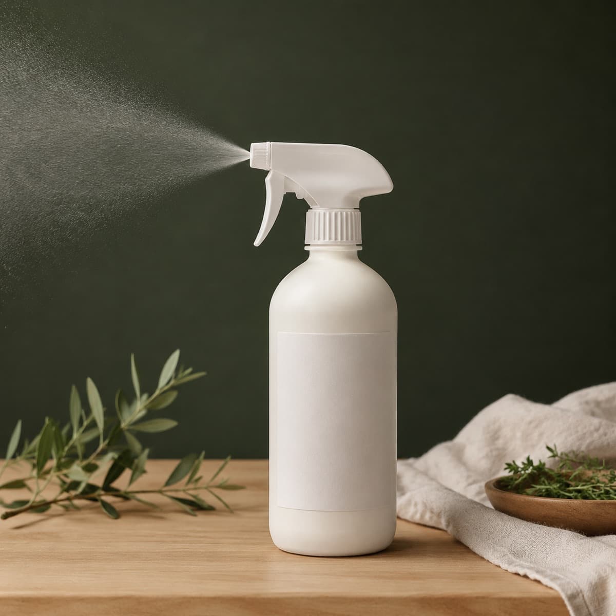 Water-Repellent Spray 300 ml — wax-white packaging on an oak surface against a moss-green background